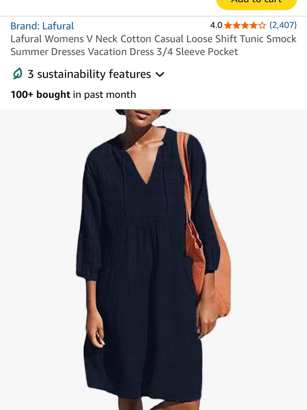 Women's V-Neck Casual Cotton Shift Dress in Navy Blue